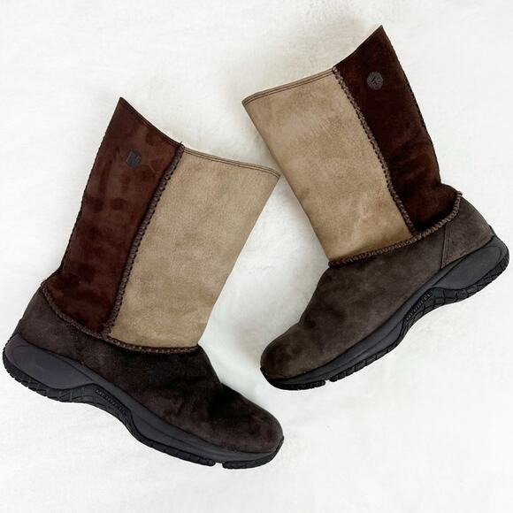 Merrell Suede Boots Mid Calf Winter Two Tone Faux Fur Lined 8 Brown - Picture 2 of 13